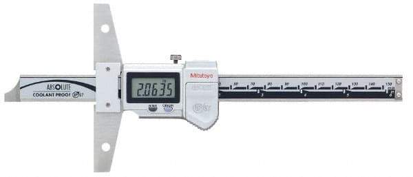 Mitutoyo - 0" to 6" Stainless Steel Electronic Depth Gage - 0.02mm Accuracy, 0.01mm Resolution, 100mm Base Length - Eagle Tool & Supply