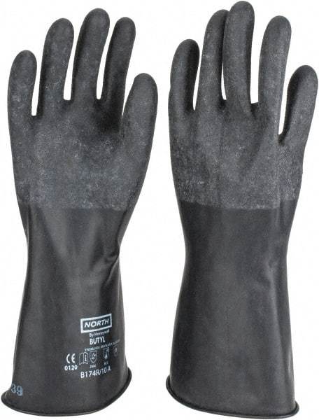North - Size XL (10), 14" Long, 17 mil Thick, Butyl Chemical Resistant Gloves - Textured Finish, Rolled Cuff, Black - Eagle Tool & Supply