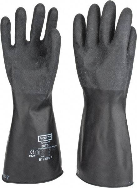 North - Size L (9), 14" Long, 17 mil Thick, Butyl Chemical Resistant Gloves - Textured Finish, Rolled Cuff, Black - Eagle Tool & Supply
