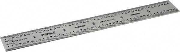 Fowler - 6" Long, 1/64, 1/32" and 0.5, 1mm Graduation, Rigid Steel Rule - English/Metric Graduation Style, Silver - Eagle Tool & Supply
