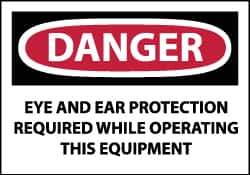 NMC - Accident Prevention Label, Header: DANGER - Legend: Danger - Eye and Ear Protection Required While Operating This Equipment, English, Red, Black & White, 5" Long x 3" High, Sign Muscle Finish - Eagle Tool & Supply