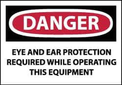 NMC - Accident Prevention Label, Header: DANGER - Legend: Danger - Eye and Ear Protection Required While Operating This Equipment, English, Red, Black & White, 5" Long x 3" High, Sign Muscle Finish - Eagle Tool & Supply