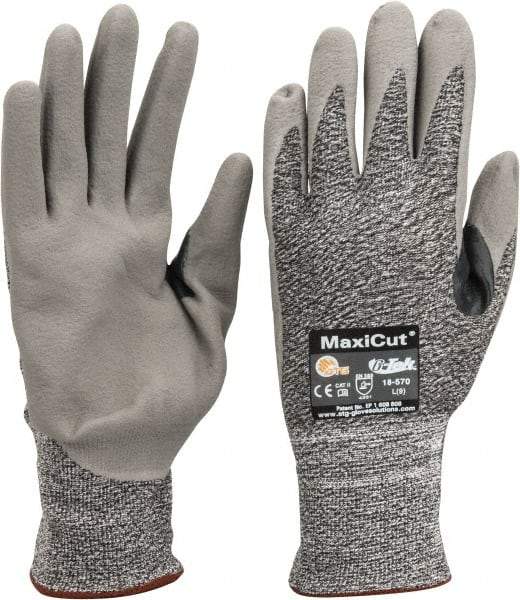 ATG - Size L (9), ANSI Cut Lvl A2, Abrasion Lvl 4, Nitrile Coated Cut Resistant Gloves - Palm & Fingers Coated, Nylon with Glass/Polyester/Lycra Lining, Knit Wrist, Gray/Green, Paired - Eagle Tool & Supply