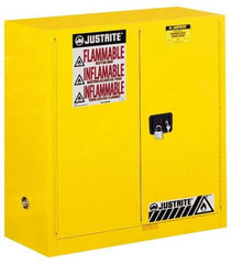 Justrite - 2 Door, 1 Shelf, Yellow Steel Standard Safety Cabinet for Flammable and Combustible Liquids - 44" High x 43" Wide x 18" Deep, Manual Closing Door, 3 Point Key Lock, 30 Gal Capacity - Eagle Tool & Supply