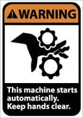 NMC - Accident Prevention Label, Header: WARNING - Legend: Warning - This Machine Starts Automatically - Keep Hands Clear, English, Black & Orange, 5" Long x 3" High, Sign Muscle Finish - Eagle Tool & Supply