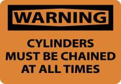 NMC - Accident Prevention Label, Header: WARNING - Legend: Warning - Cylinders Must Be Chained at All Times, English, Black & Orange, 5" Long x 3" High, Sign Muscle Finish - Eagle Tool & Supply
