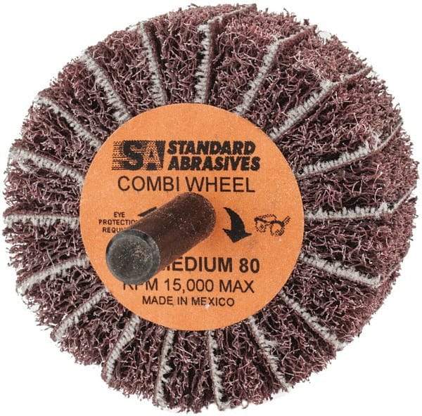 Standard Abrasives - 2" Diam x 1" Face Width, Medium Aluminum Oxide Coated Mounted Flap Wheel - 1/4" Shank Mount, 80 Grit, 15,000 Max RPM - Eagle Tool & Supply
