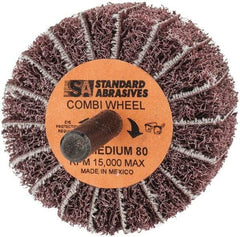 Standard Abrasives - 2" Diam x 1" Face Width, Medium Aluminum Oxide Coated Mounted Flap Wheel - 1/4" Shank Mount, 80 Grit, 15,000 Max RPM - Eagle Tool & Supply
