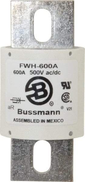 Cooper Bussmann - 500 VAC/VDC, 600 Amp, Fast-Acting Semiconductor/High Speed Fuse - Bolt-on Mount, 4-15/32" OAL, 200 (RMS Symmetrical), 50 at DC kA Rating, 2" Diam - Eagle Tool & Supply