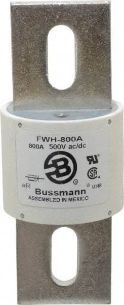 Cooper Bussmann - 500 VAC/VDC, 800 Amp, Fast-Acting Semiconductor/High Speed Fuse - Bolt-on Mount, 6-15/32" OAL, 200 (RMS Symmetrical), 50 at DC kA Rating, 2-1/2" Diam - Eagle Tool & Supply