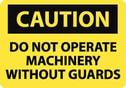 NMC - Accident Prevention Label, Header: CAUTION - Legend: Caution - Do Not Operate Machinery without Guards, English, Black & Yellow, 5" Long x 3" High, Sign Muscle Finish - Eagle Tool & Supply