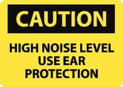 NMC - Accident Prevention Label, Header: CAUTION - Legend: Caution - High Noise Level - Use Ear Protection, English, Black & Yellow, 5" Long x 3" High, Sign Muscle Finish - Eagle Tool & Supply