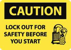 NMC - Accident Prevention Label, Header: CAUTION - Legend: Caution - Lock Out for Safety Before You Start, English, Black & Yellow, 5" Long x 3" High, Sign Muscle Finish - Eagle Tool & Supply
