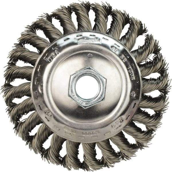 Milwaukee Tool - 4" OD, 5/8" Arbor Hole, Knotted Stainless Steel Wheel Brush - 1/2" Face Width, 3/4" Trim Length, 0.023" Filament Diam, 12,000 RPM - Eagle Tool & Supply