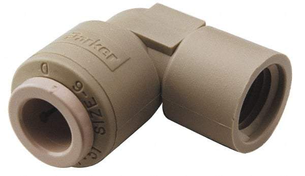 Parker - 3/8" Outside Diam, 3/8 NPTF, Acetal Push-to-Connect Tube Female Elbow - 300 Max psi, Tan - Eagle Tool & Supply