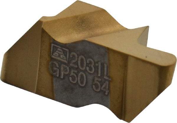 Tool-Flo - 2031FLR Grade GP50, 1.57mm Cutting Width Carbide Grooving Insert - 2.79mm Max Depth of Cut, Left Hand, 3/64" Corner Radius, TiN Finish - Eagle Tool & Supply