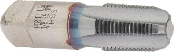 Hertel - 3/8-18 NPTF Thread, 4 Flute Standard Pipe Tap - 2-9/16" OAL, 1-1/16" Thread Length, 0.7" Shank Diam, TiCN Finish, High Speed Steel - Exact Industrial Supply