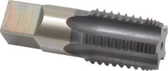 Hertel - 1 - 11-1/2 NPTF, 5 Flutes, TiCN Coated, High Speed Steel, Interrupted Thread Pipe Tap - 1-1/8 Inch Shank Diameter, 1-1/8 Inch Shank Diameter, 1-3/4 Inch Thread Length, 0.84 Inch Square Size, Regular Hook - Eagle Tool & Supply