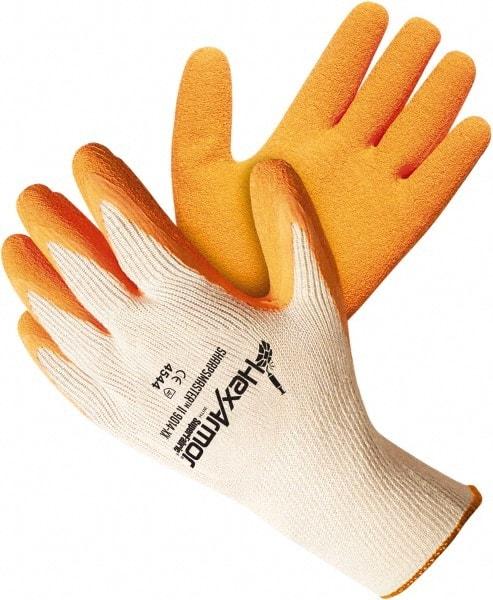 HexArmor - Size L (9), ANSI Cut Lvl A9, Puncture Lvl 5, Natural Rubber Latex Coated Cotton/SuperFabric Cut Resistant Gloves - 10.62" Long, Palm & Knuckles Coated, SuperFabric Lining, Knit Wrist, White/Orange, Paired - Eagle Tool & Supply