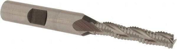 Accupro - 1/4" Diam, Fine Pitch, 1-1/4" LOC, 3 Flute Powdered Metal Corner Chamfer Roughing End Mill - Uncoated, 3-1/16" OAL, 3/8" Shank Diam, Single End, Centercutting, 30° Helix - Eagle Tool & Supply