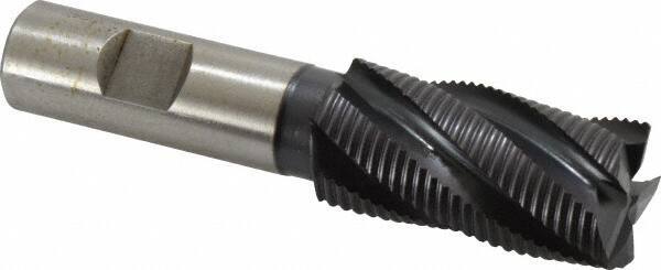 Accupro - 1" Diam, Fine Pitch, 2" LOC, 5 Flute Powdered Metal Corner Chamfer Roughing End Mill - TiAlN Finish, 4-1/4" OAL, 3/4" Shank Diam, Single End, Centercutting, 30° Helix - Eagle Tool & Supply