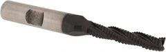 Accupro - 1/4" Diam, Fine Pitch, 1-1/4" LOC, 3 Flute Powdered Metal Corner Chamfer Roughing End Mill - TiAlN Finish, 3-1/16" OAL, 3/8" Shank Diam, Single End, Centercutting, 30° Helix - Eagle Tool & Supply