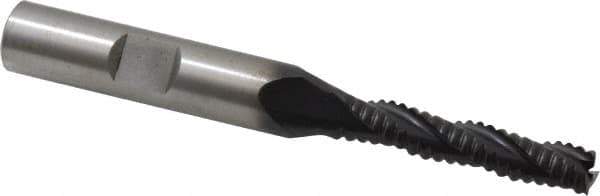 Accupro - 1/4" Diam, Coarse Pitch, 1-1/4" LOC, 3 Flute Powdered Metal Corner Chamfer Roughing End Mill - TiAlN Finish, 3-1/16" OAL, 3/8" Shank Diam, Single End, Centercutting, 30° Helix - Eagle Tool & Supply