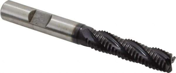 Accupro - 3/8" Diam, Coarse Pitch, 1-1/2" LOC, 4 Flute Powdered Metal Corner Chamfer Roughing End Mill - TiAlN Finish, 3-1/4" OAL, 3/8" Shank Diam, Single End, Centercutting, 30° Helix - Eagle Tool & Supply