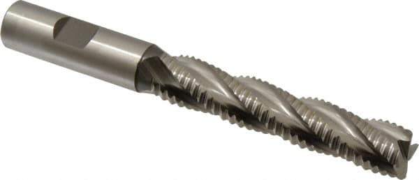 Accupro - 5/8" Diam, Coarse Pitch, 3-1/8" LOC, 4 Flute Powdered Metal Corner Chamfer Roughing End Mill - Uncoated, 5-1/4" OAL, 5/8" Shank Diam, Single End, Centercutting, 30° Helix - Eagle Tool & Supply
