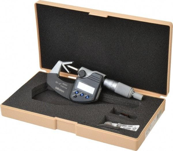 Mitutoyo - 0.05 to 0.6 Inch Measurement, Accuracy Up to 4 micro m, 3 Flutes Measured, Ratchet Stop Thimble, Electronic V Anvil Micrometer - 0.0001 Inch Resolution, Carbide, Data Output, SR44 Battery - Eagle Tool & Supply