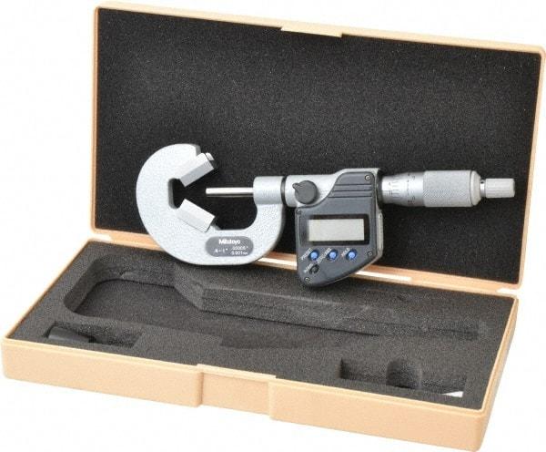 Mitutoyo - 0.4 to 1 Inch Measurement, Accuracy Up to 4 micro m, 3 Flutes Measured, Ratchet Stop Thimble, Electronic V Anvil Micrometer - 0.0001 Inch Resolution, Carbide, Data Output, SR44 Battery - Eagle Tool & Supply