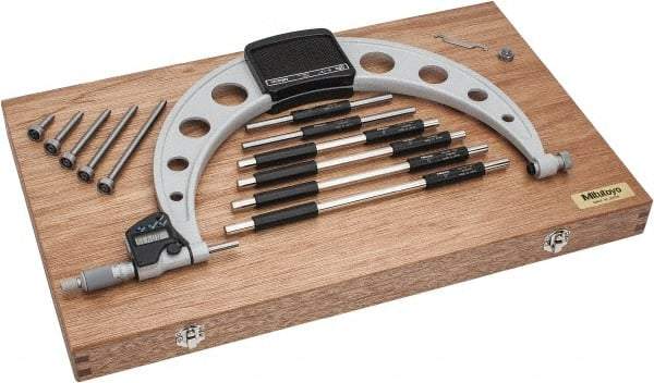 Mitutoyo - 6 Anvil, Electronic, 6 to 12 Inch Range, Carbide Face Interchangeable Anvil Micrometer - Ratchet Stop Thimble, 0.0001 Inch Resolution, 0.00016 + 0.00004 (L/3) Inch Accuracy, SR44 Battey, Includes 6 Anvils, 6 Standards and Fitted Wooden Case - Eagle Tool & Supply