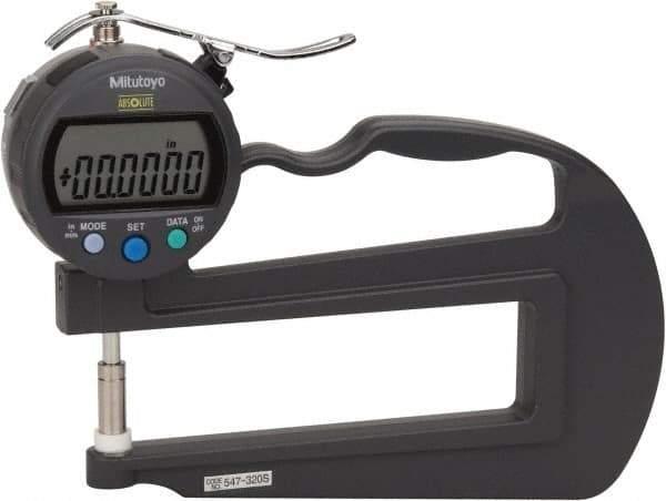 Mitutoyo - 0mm to 10mm Measurement, 0.01mm Resolution Electronic Thickness Gage - Accurate up to 0.001", 1.5 N Measuring Force - Eagle Tool & Supply