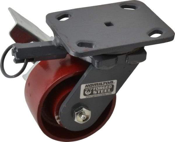 Hamilton - 4" Diam x 2" Wide x 5-5/8" OAH Top Plate Mount Swivel Caster with Brake - Cast Iron, 1,000 Lb Capacity, Roller Bearing, 4 x 5" Plate - Eagle Tool & Supply