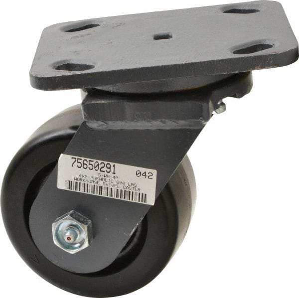 Hamilton - 4" Diam x 2" Wide x 5-5/8" OAH Top Plate Mount Swivel Caster - Phenolic, 800 Lb Capacity, Roller Bearing, 4 x 5" Plate - Eagle Tool & Supply