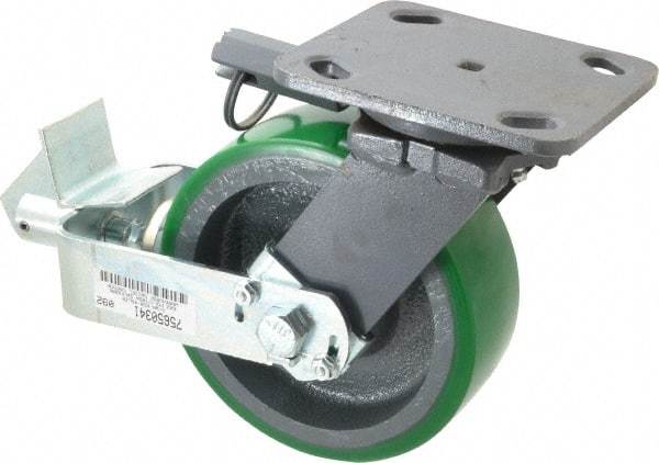 Hamilton - 6" Diam x 2" Wide x 7-1/2" OAH Top Plate Mount Swivel Caster with Brake - Polyurethane, 1,200 Lb Capacity, Precision Sealed Bearing, 4 x 5" Plate - Eagle Tool & Supply