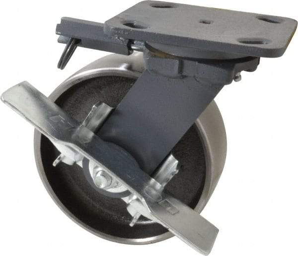 Hamilton - 6" Diam x 2" Wide x 7-1/2" OAH Top Plate Mount Swivel Caster with Brake - Forged Steel, 2,000 Lb Capacity, Roller Bearing, 4 x 5" Plate - Eagle Tool & Supply