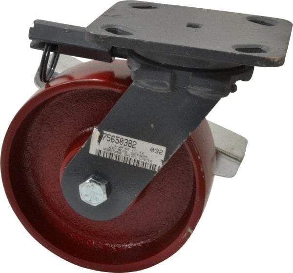 Hamilton - 6" Diam x 2" Wide x 7-1/2" OAH Top Plate Mount Swivel Caster with Brake - Cast Iron, 1,400 Lb Capacity, Roller Bearing, 4 x 5" Plate - Eagle Tool & Supply