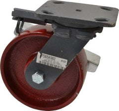 Hamilton - 6" Diam x 2" Wide x 7-1/2" OAH Top Plate Mount Swivel Caster with Brake - Cast Iron, 1,400 Lb Capacity, Roller Bearing, 4 x 5" Plate - Eagle Tool & Supply