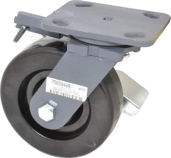 Hamilton - 6" Diam x 2" Wide x 7-1/2" OAH Top Plate Mount Swivel Caster with Brake - Phenolic, 1,200 Lb Capacity, Roller Bearing, 4 x 5" Plate - Eagle Tool & Supply