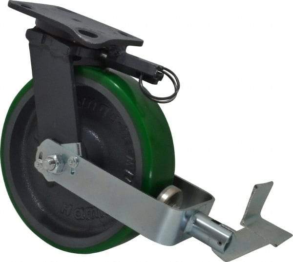 Hamilton - 8" Diam x 2" Wide x 9-1/2" OAH Top Plate Mount Swivel Caster with Brake - Polyurethane, 1,500 Lb Capacity, Precision Sealed Bearing, 4 x 5" Plate - Eagle Tool & Supply