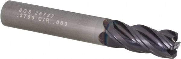 SGS - 3/8", 4 Flute, Single End, Solid Carbide, 0.06" Corner Radius End Mill - 2-1/2" OAL, Right Hand Flute, 7/8" LOC, Right Hand Cut - Eagle Tool & Supply