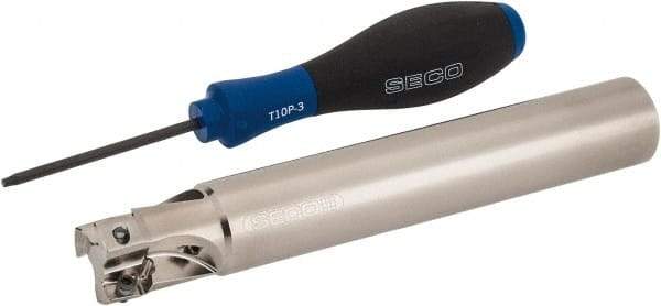 Seco - 1" Cut Diam, 0.433" Max Depth of Cut, 1" Shank Diam, 6.69" OAL, Indexable Square Shoulder End Mill - XO.X 1204 Inserts, Cylindrical Shank, 90° Lead Angle, Through Coolant, Series Super Turbo - Eagle Tool & Supply