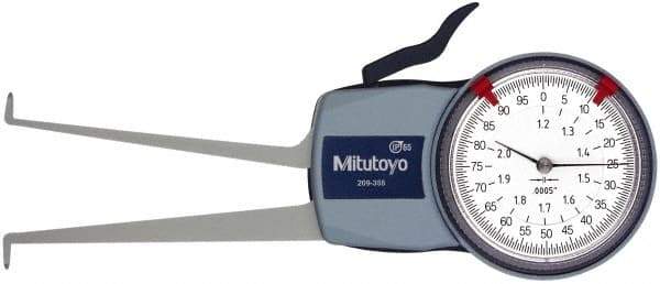 Mitutoyo - 1.2 to 2" Inside Dial Caliper Gage - 0.0005" Graduation, 0.0015" Accuracy, 3.3" Leg Length, 0.26" Deep x 0.06" Wide Groove, Ball Contact Points - Eagle Tool & Supply