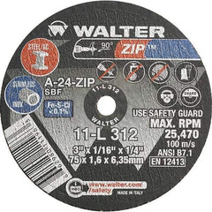 WALTER Surface Technologies - 3" 24 Grit Aluminum Oxide Cutoff Wheel - 1/16" Thick, 1/4" Arbor, 25,470 Max RPM, Use with Die Grinders - Eagle Tool & Supply