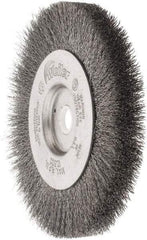 Weiler - 4" OD, 1/2" Arbor Hole, Crimped Steel Wheel Brush - 1/2" Face Width, 7/8" Trim Length, 0.006" Filament Diam, 12,500 RPM - Eagle Tool & Supply