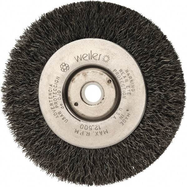Weiler - 4" OD, 1/2" Arbor Hole, Crimped Steel Wheel Brush - 1/2" Face Width, 7/8" Trim Length, 0.008" Filament Diam, 12,500 RPM - Eagle Tool & Supply
