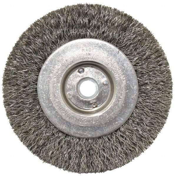 Weiler - 4" OD, 1/2" Arbor Hole, Crimped Steel Wheel Brush - 1/2" Face Width, 7/8" Trim Length, 0.0118" Filament Diam, 12,500 RPM - Eagle Tool & Supply