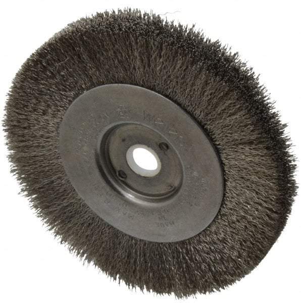 Weiler - 4" OD, 1/2" Arbor Hole, Crimped Stainless Steel Wheel Brush - 1/2" Face Width, 7/8" Trim Length, 0.006" Filament Diam, 12,500 RPM - Eagle Tool & Supply