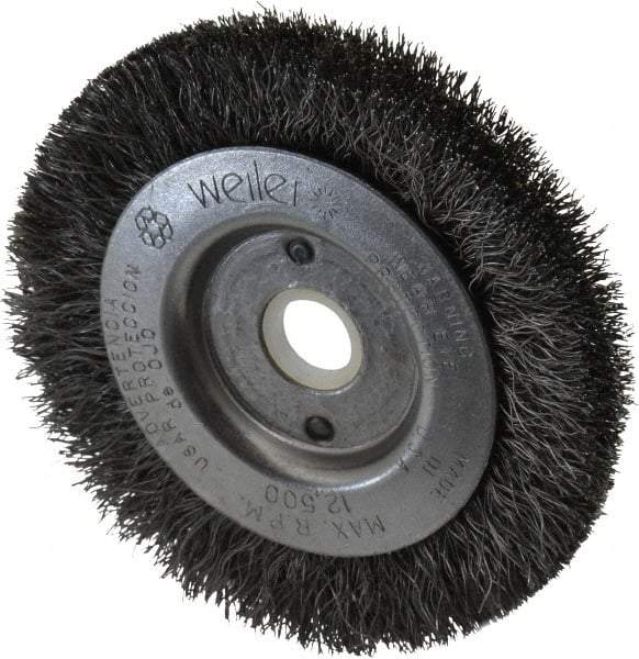 Weiler - 3" OD, 1/2" Arbor Hole, Crimped Steel Wheel Brush - 7/16" Face Width, 1/2" Trim Length, 0.008" Filament Diam, 12,500 RPM - Eagle Tool & Supply